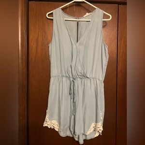 Love Tree Sky Blue Romper with Lace Detail